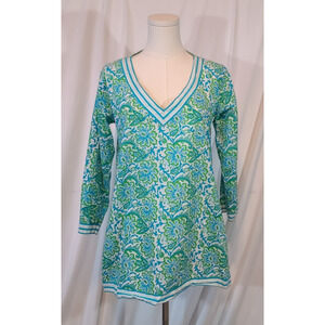 Gretchen Scott Blue Green Floral Cotton Tunic Top Small